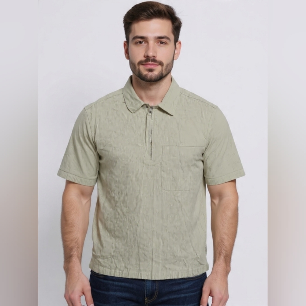 Zara polo shirt men size L short sleeve light green 1/4 zip